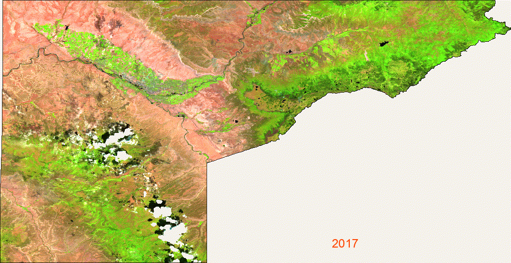 Sentinel-2 false color time series — Grand Valley 2017–present